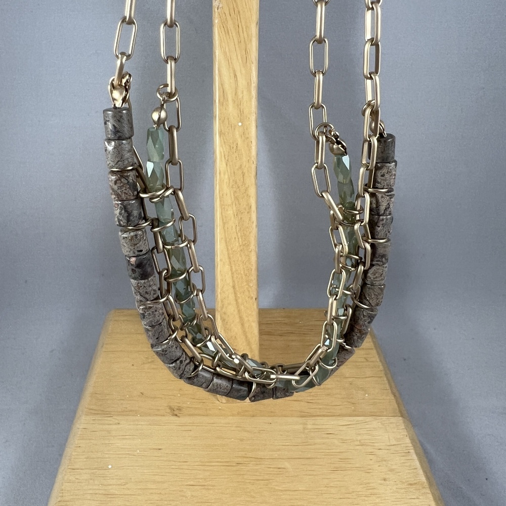 Necklace Gold-Tone Grey-Brown Green Beaded Fashion Multi-Strand Boho Chic